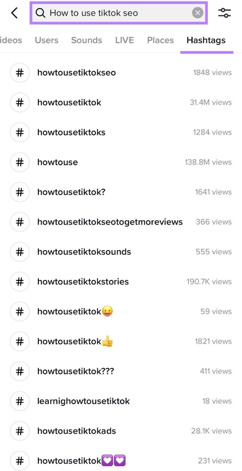 searching for "how to use tiktok seo" to find related popular hashtags