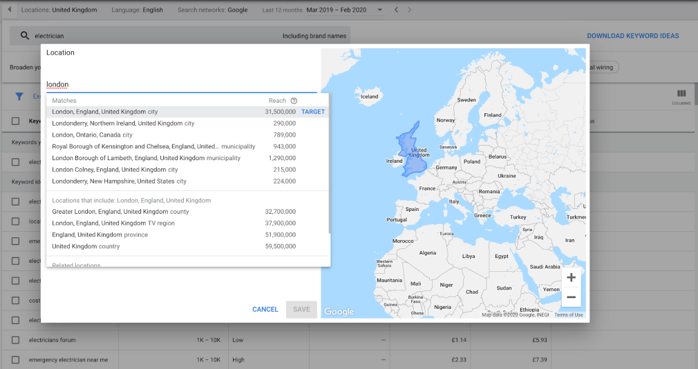 how to target locations in google keyword planner