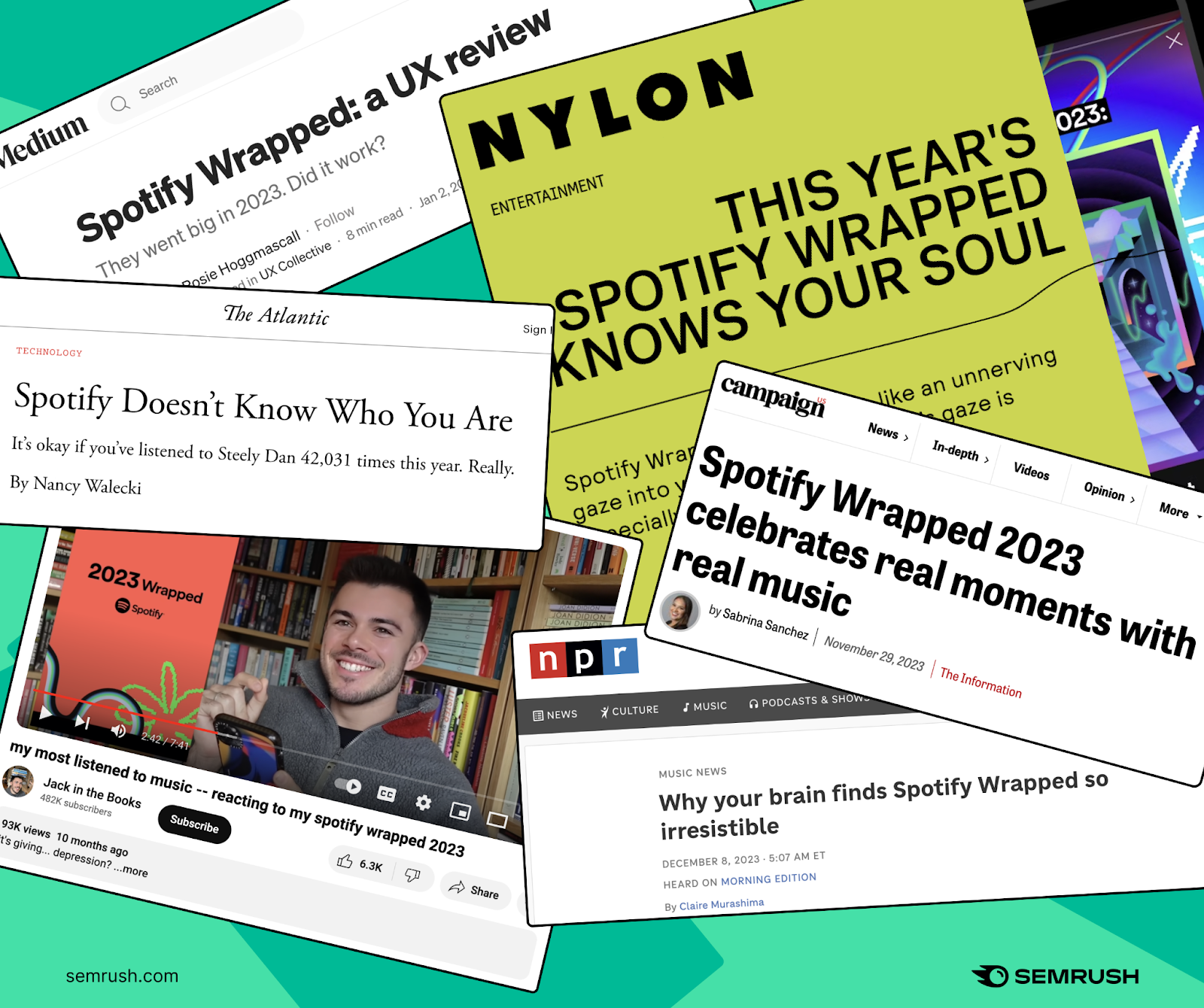 Headlines and social media posts about the Spotify Wrapped 2023 campaign