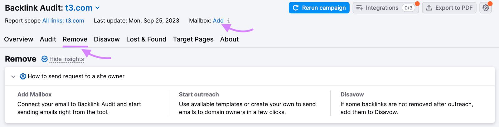 "Mailbox: Add" button selected under "Remove" tab in Backlink Audit tool