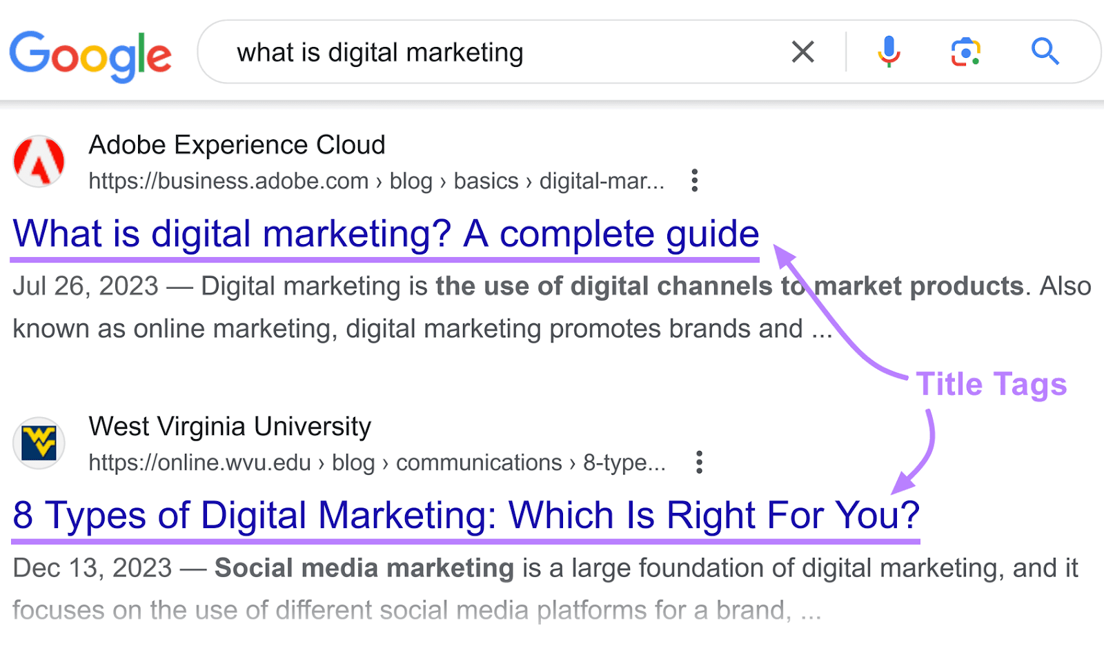 Google search results for "what is digital marketing" with annotations highlighting the title tags of two articles.