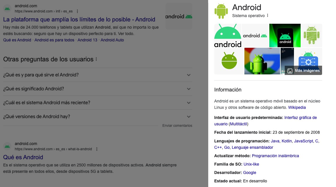 "Panel de Información" para la consulta de búsqueda "Android":