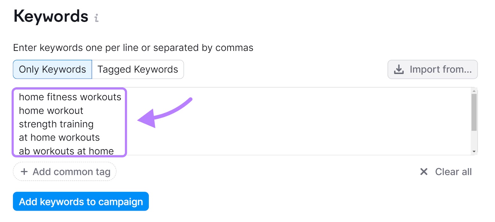 "Keywords" window in Position Tracking settings