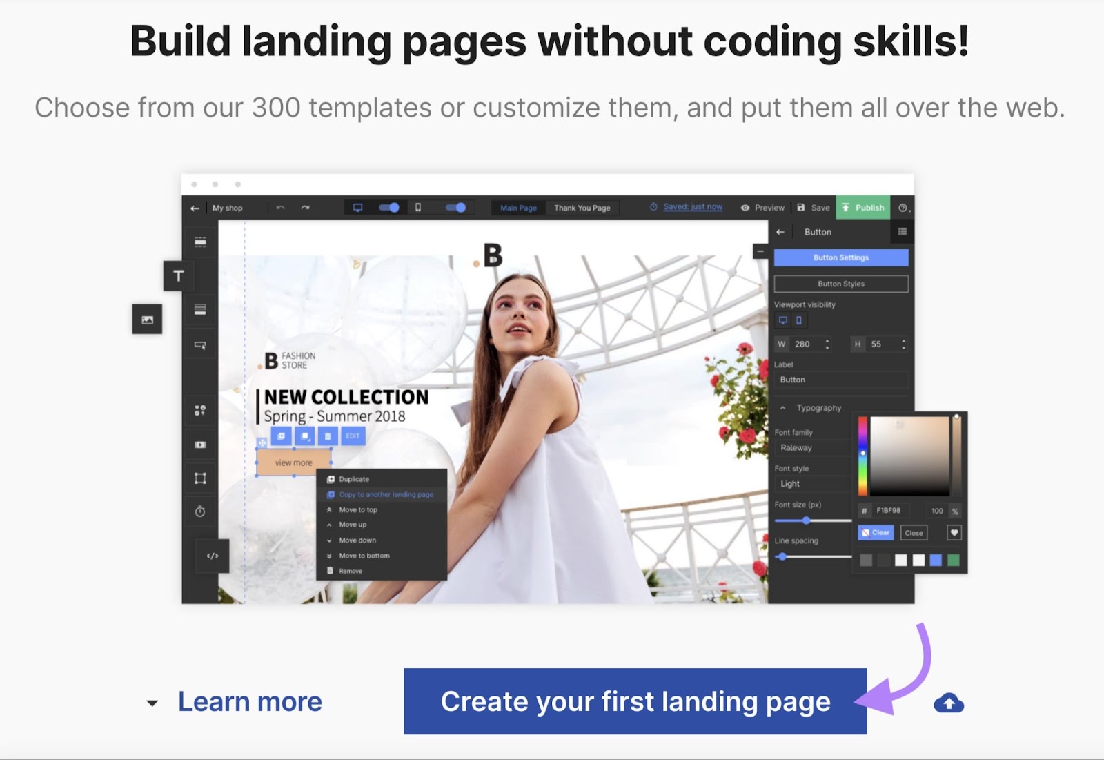 “Create your first landing page" button highlighted