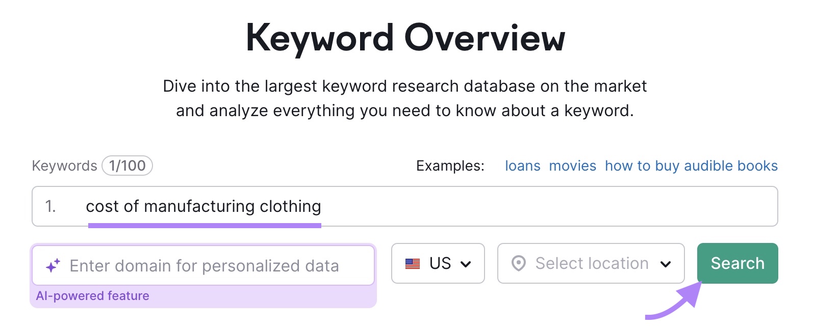 Keyword Overview tool-start with the term "cost of manufacturing clothing" entered and the "Search" button clicked.
