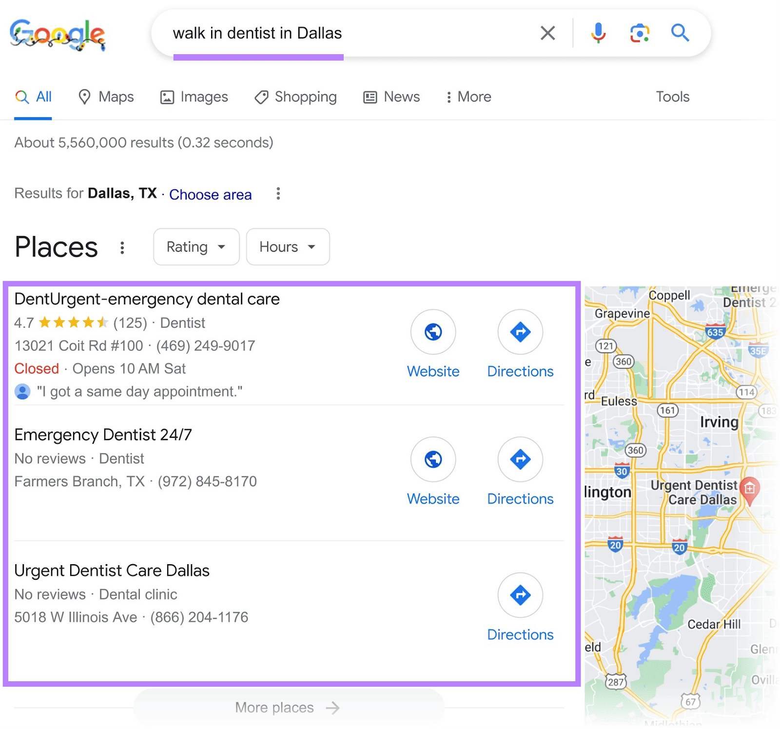 Google local results for "walk in dentist in Dallas" query