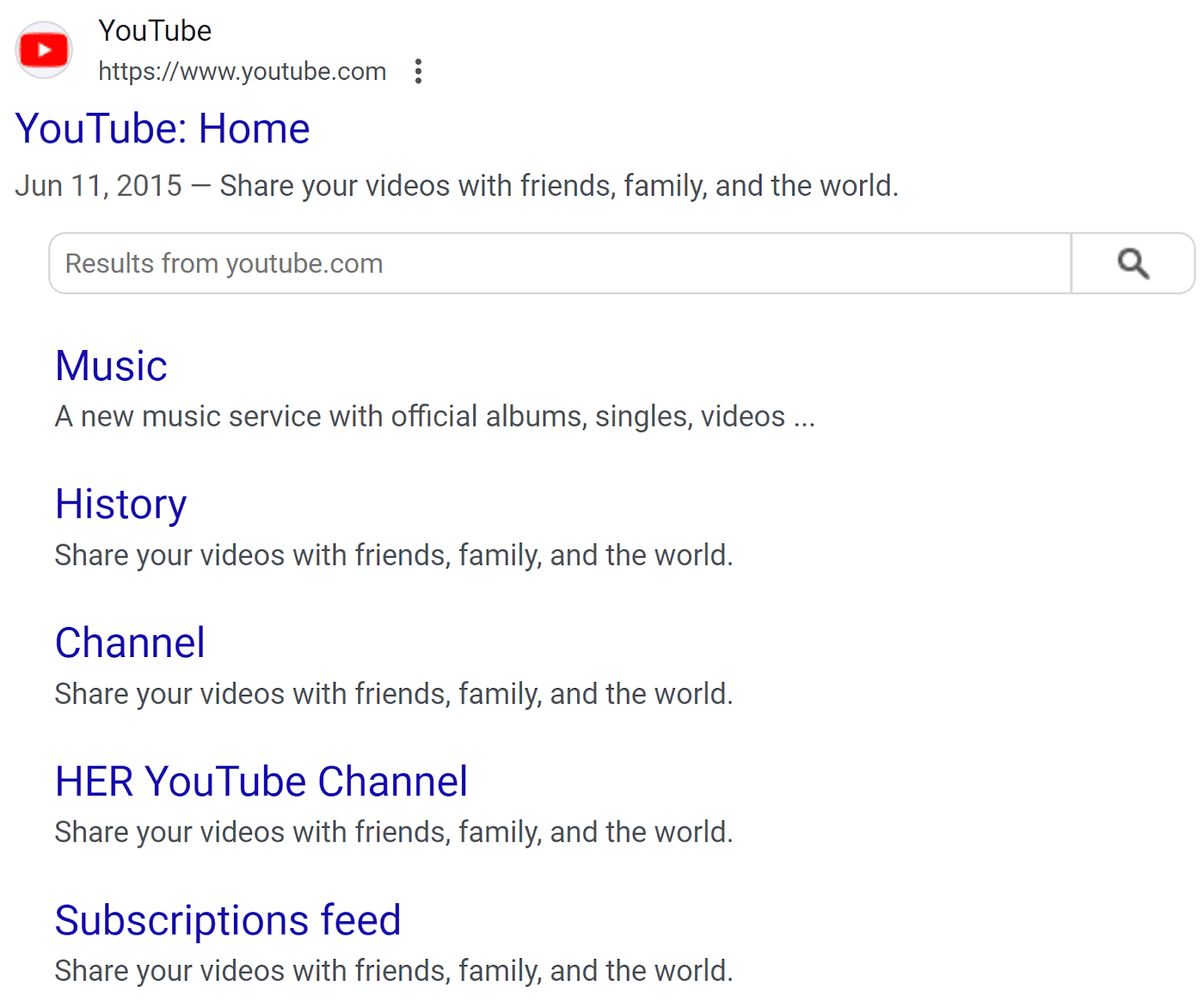 Google search results for "YouTube," showing links to Music, History, Channel, HER YouTube Channel, and Subscriptions feed