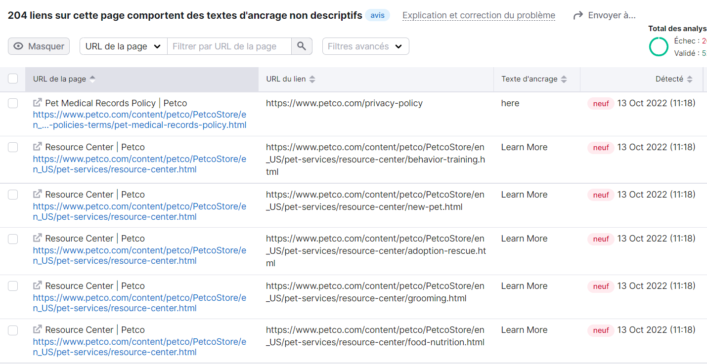 Audit de site, problèmes d'ancrage, textes non descriptifs