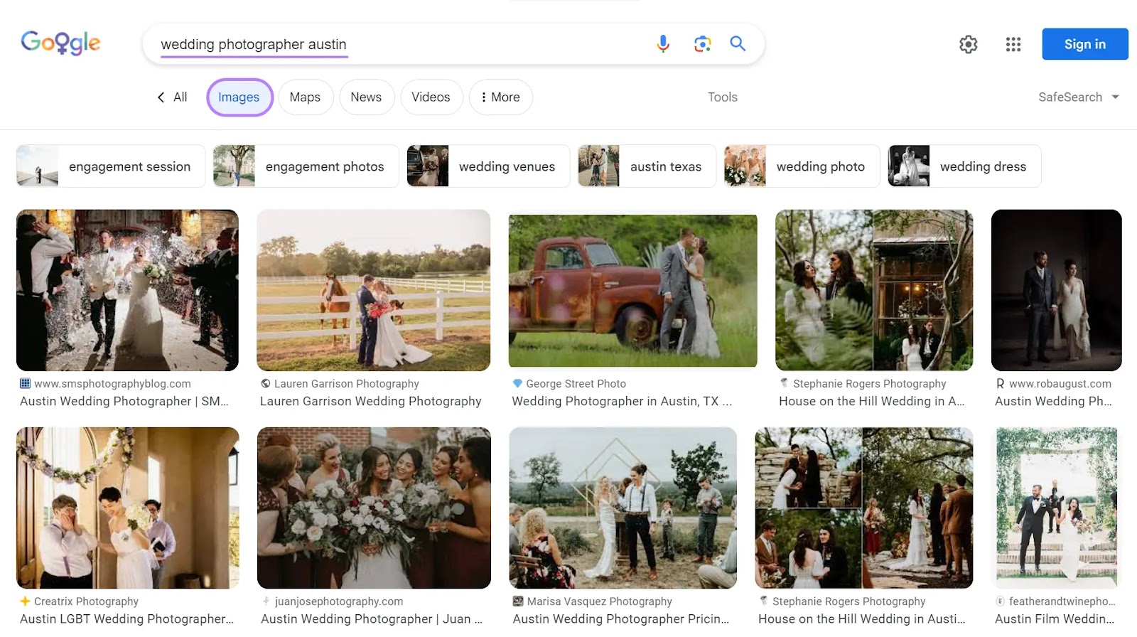 "Images" results on Google for "wedding photographer austin" query