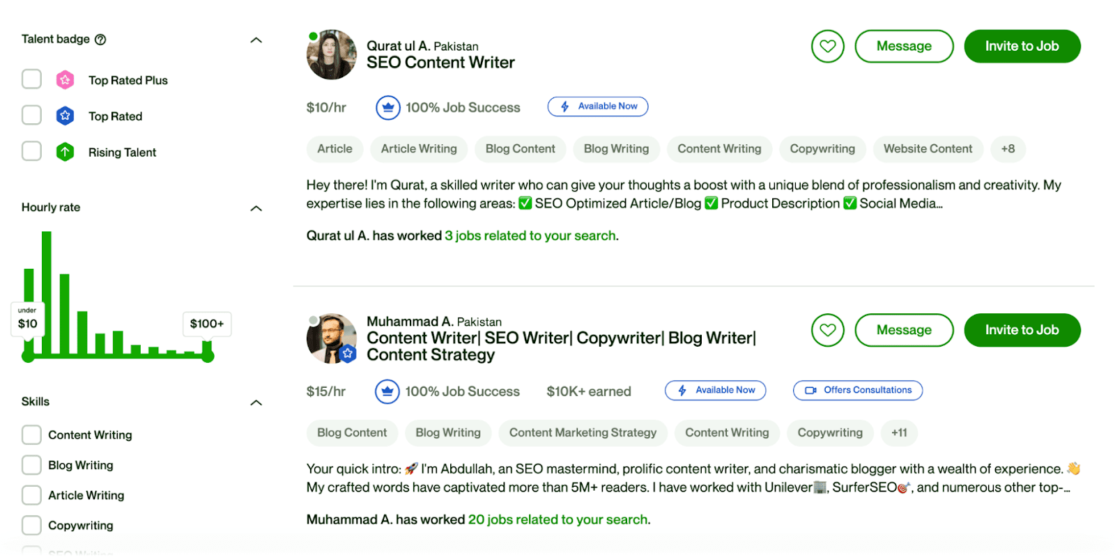 A section of the list of content writers found in Upwork