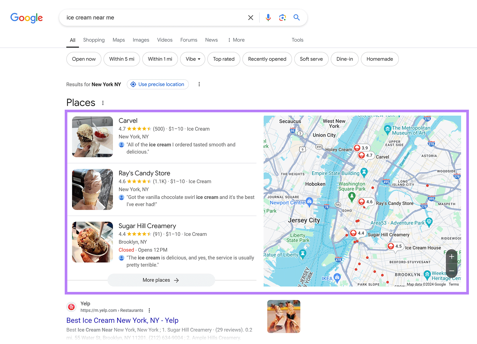 Google Places results highlighted for 'ice cream near me' search query