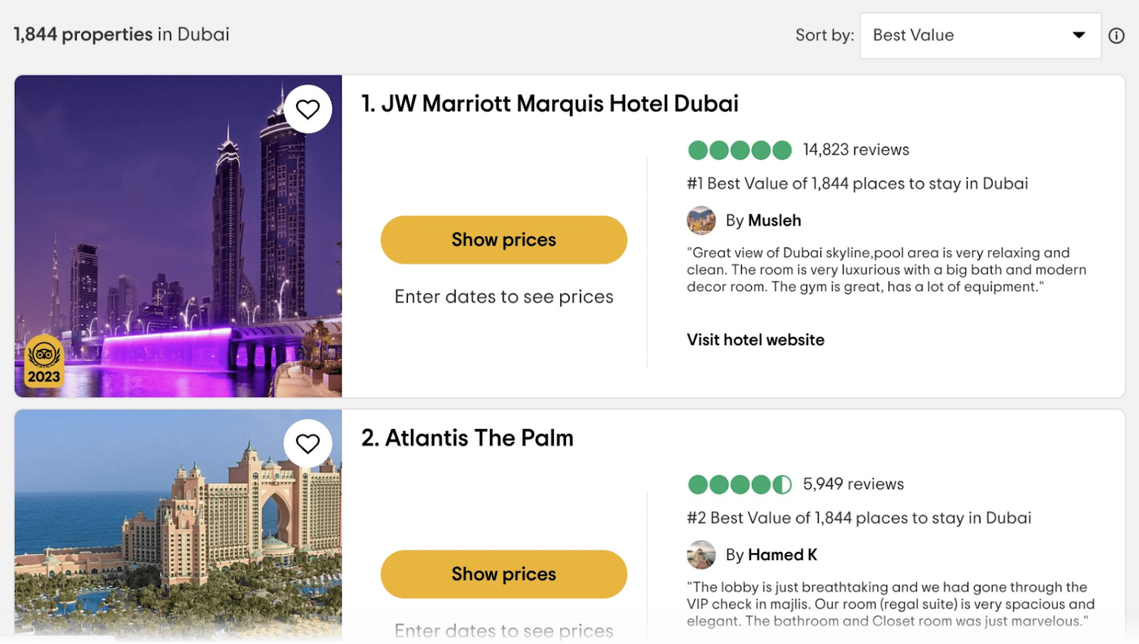 Página de Tripadvisor con la lista de propiedades en Dubai