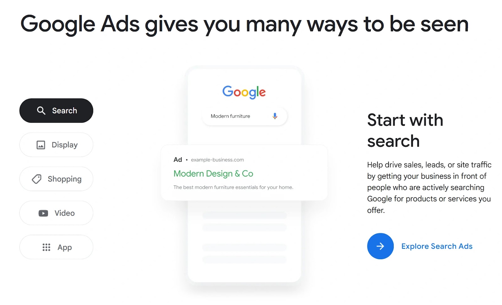 "Google Ads gives you many ways to be seen" landing page