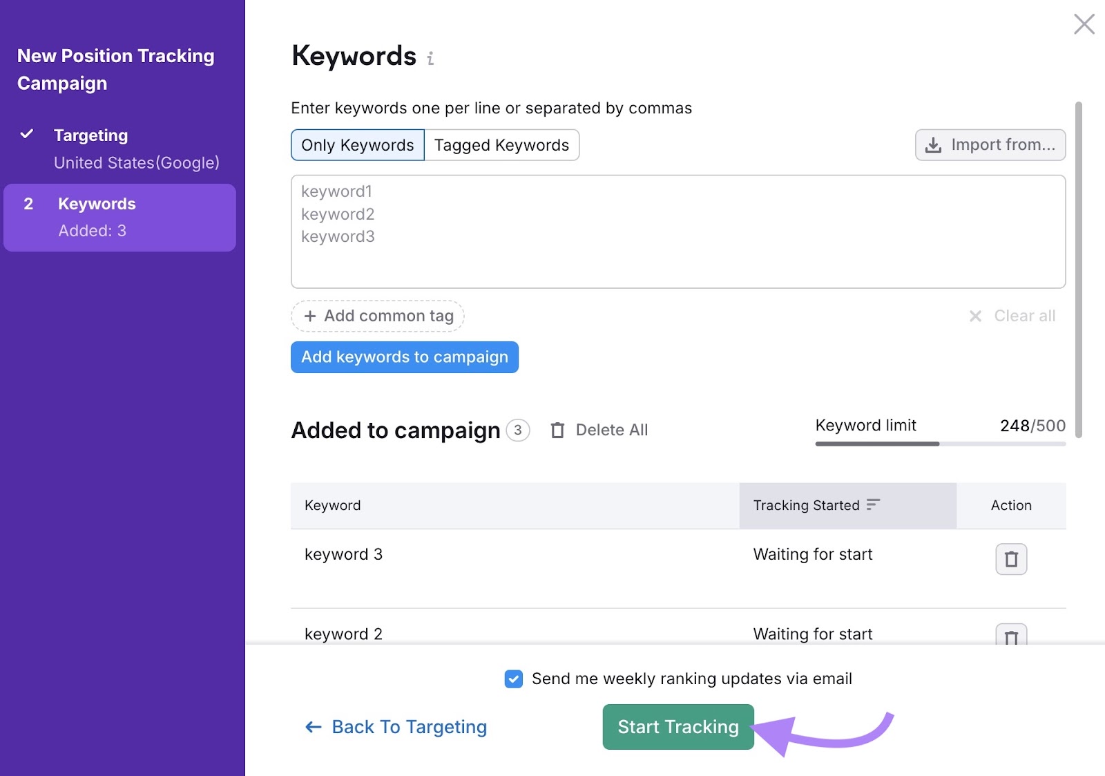 "Start Tracking" clicked on the Keywords settings window of the Position Tracking tool setup.