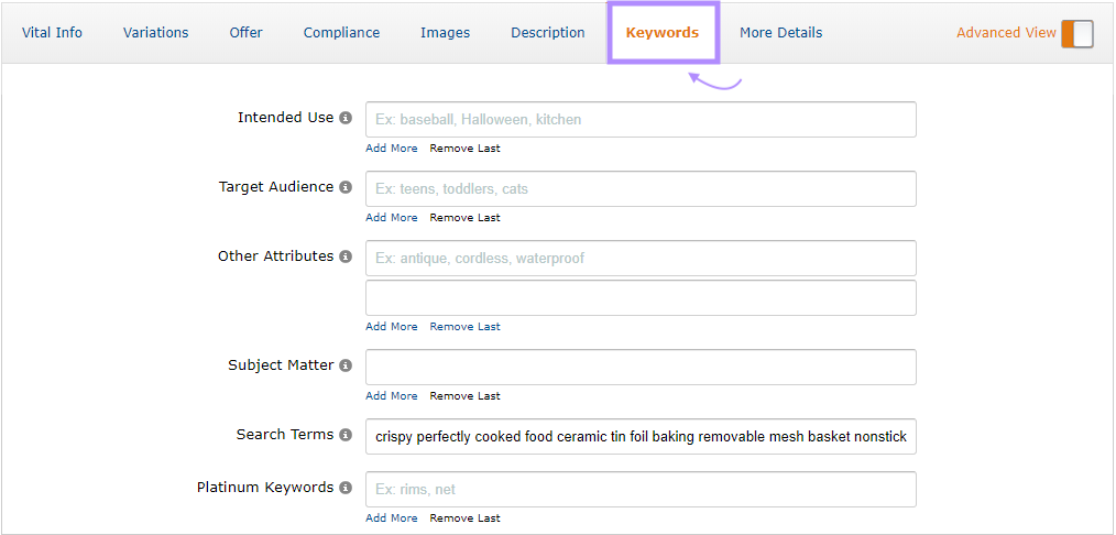 “Keywords” tab in Amazon Seller Central