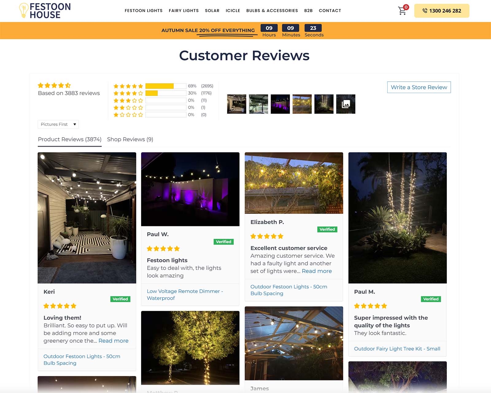 Festoon House’s site displaying customer reviews from Google and social media