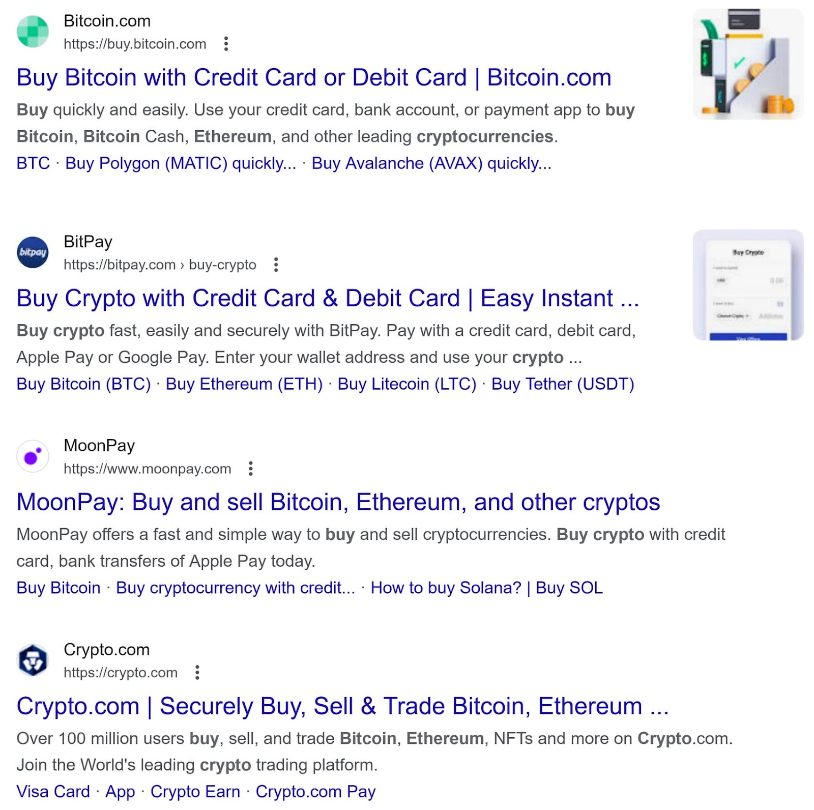 Google search results for "buy crypto online", showing top links from Bitcoin.com, BitPay, MoonPay, and Crypto.com