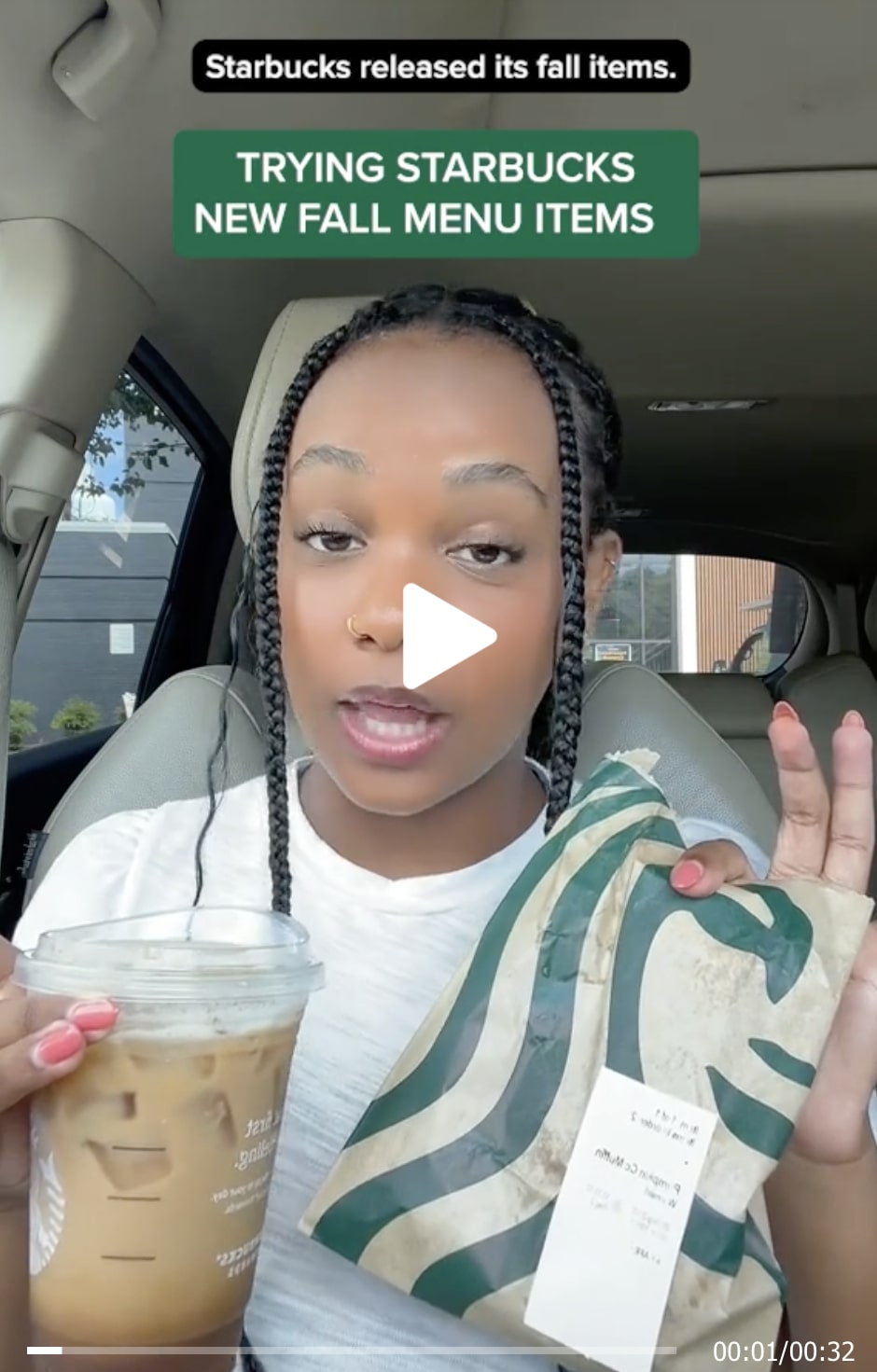 A video from the customer talking about trying Starbucks new fall menu items