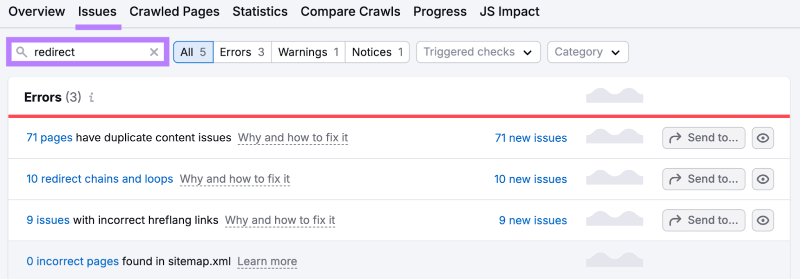 Search for redirect in Site Audit Issues shows errors like duplicate content, redirect chains and loops, and more. You can also send each error as a task to a task management tool.