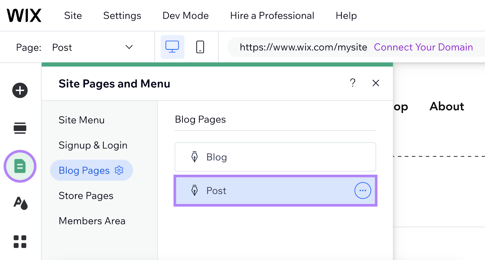 choose Pages option in Wix, then Blog Pages, and Post.