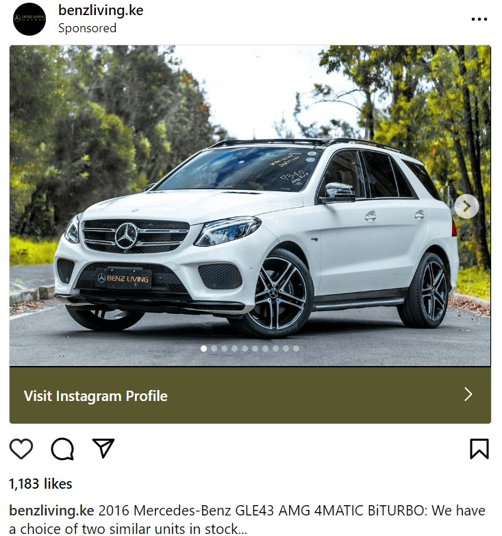 An Instagram ad from "benzliving.ke" for 2016 Mercedes-Benz GLE43 car model