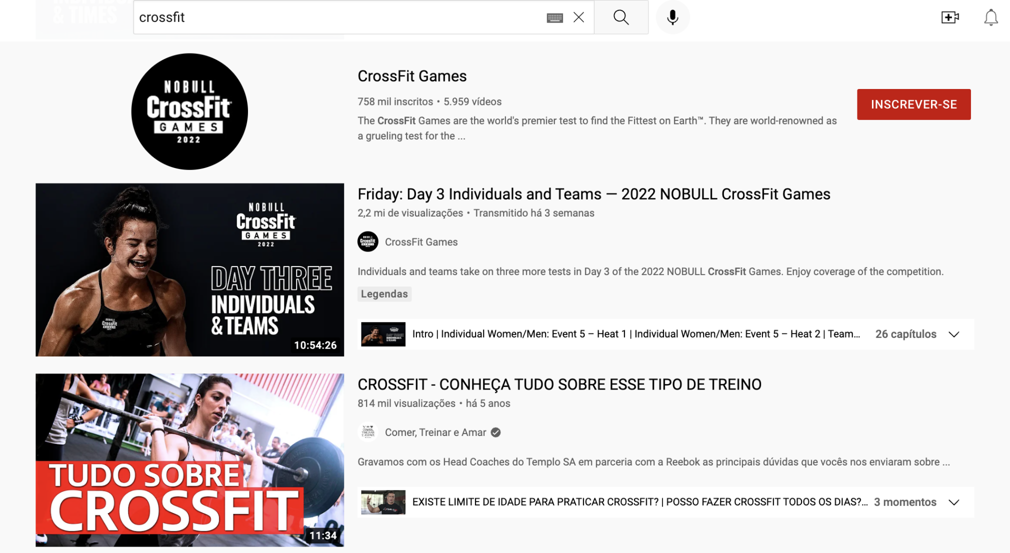 Página de pesquisa de canais de CrossFit