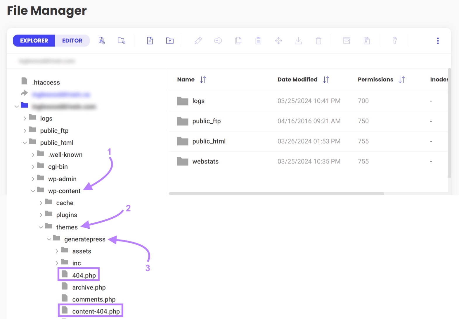 Web host file manager screen showing 404.php and content-404.php files.