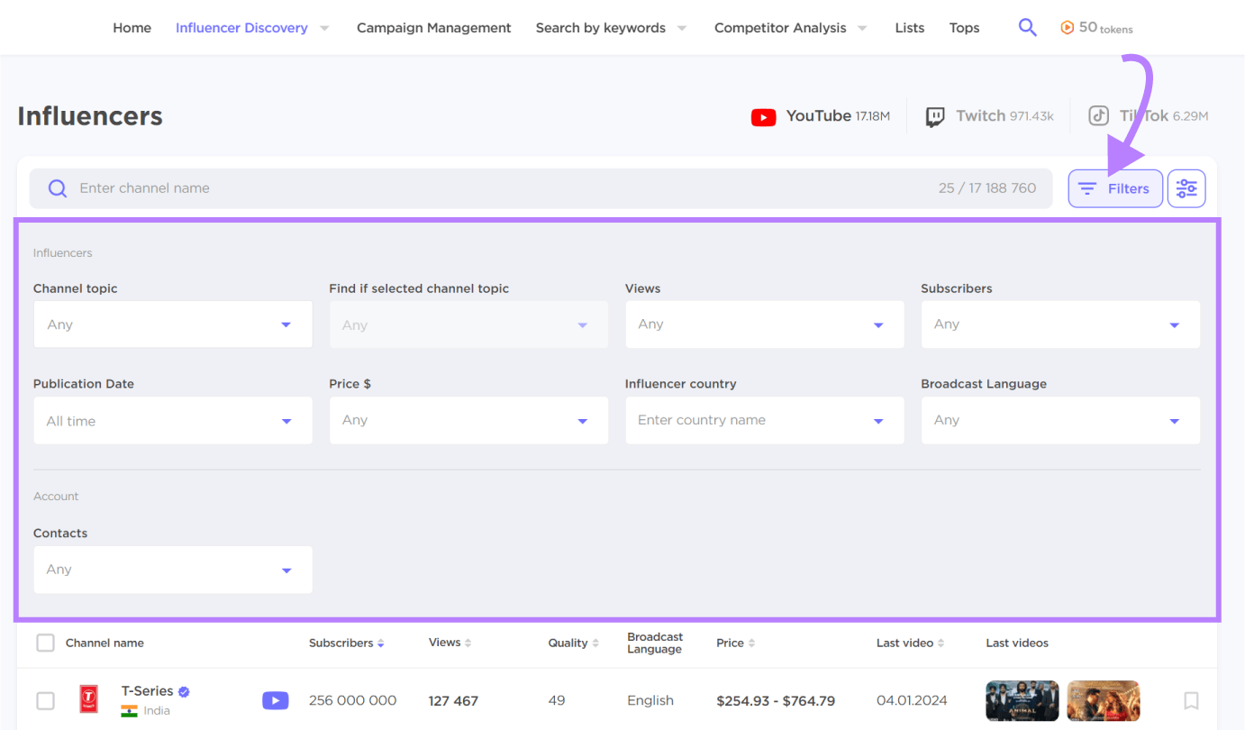 Influencer filters successful  Influencer Analytics tool