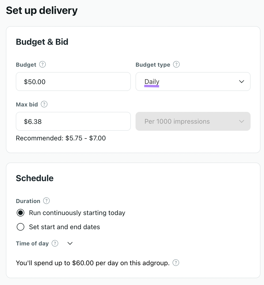 "Budget & Bid" section set to "daily" in Reddit Ads Manager
