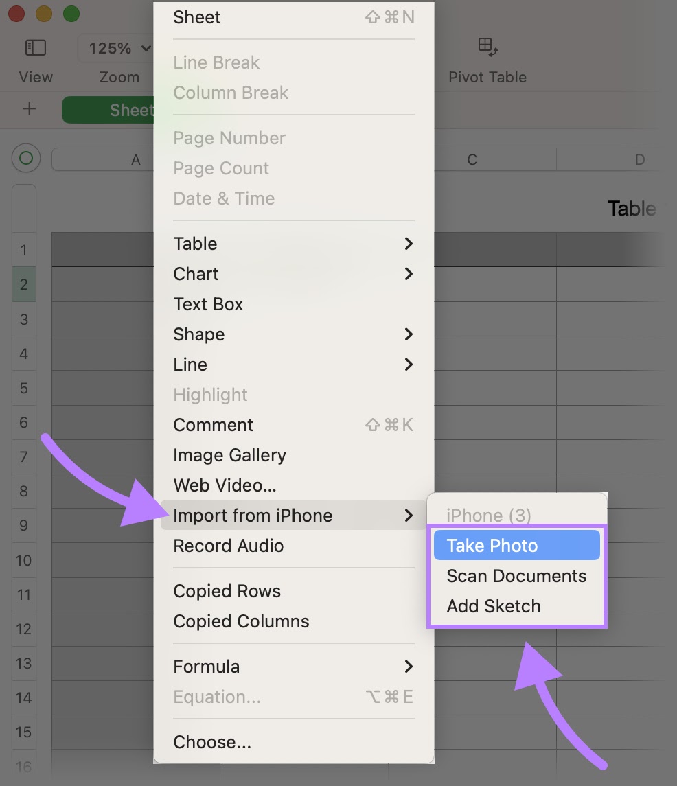 "Take Photo," "Scan Documents," and "Add Sketch" options opened when hovering over "Import from iPhone"