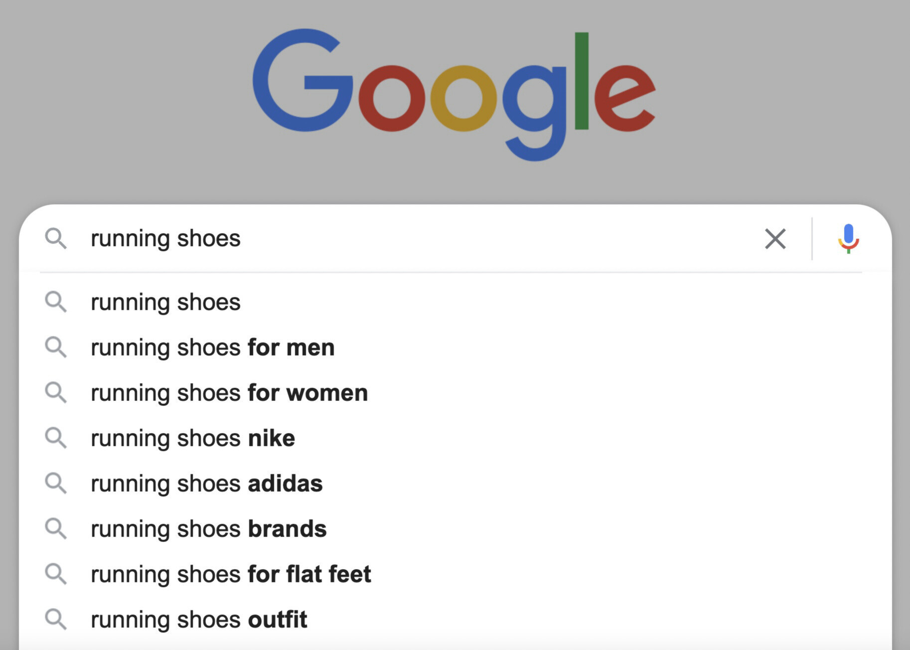 Google search suggestions for the keyword "running shoes"