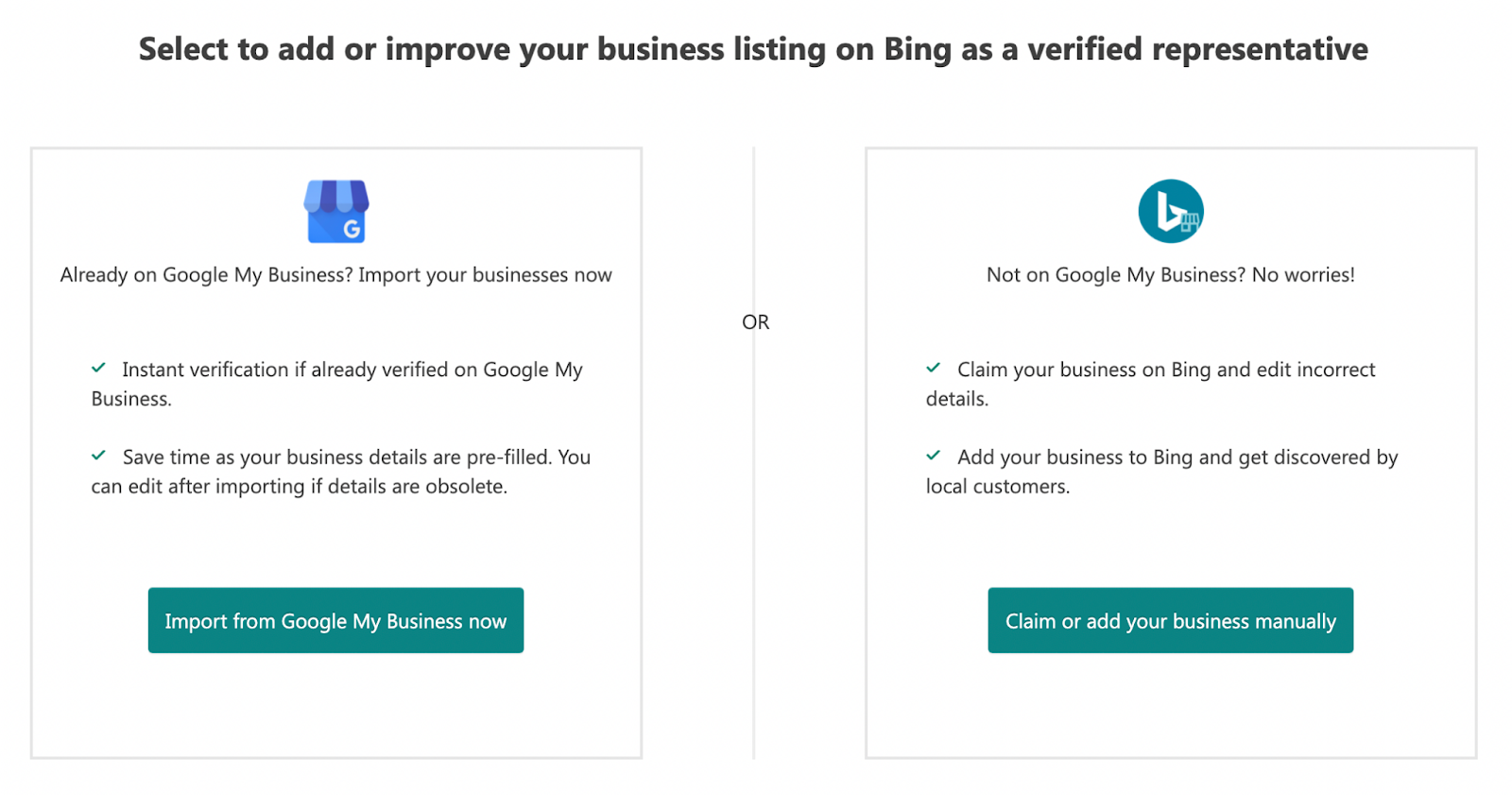 "Select to add or improve your business listing on Bing as a verified representative" page