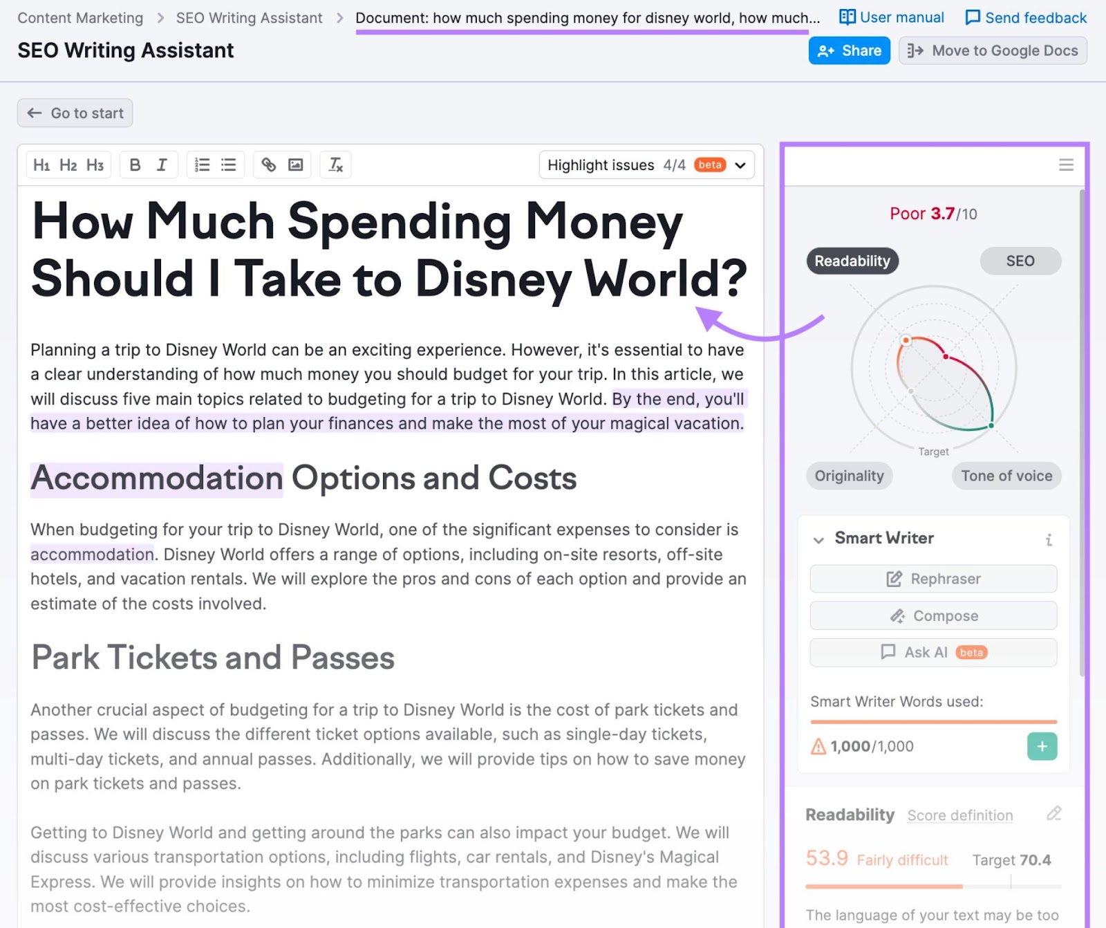 A page on "How Much Spending Money Should I Take to Disney World?" with content's score section on the right-hand side in SEO Writing Assistant