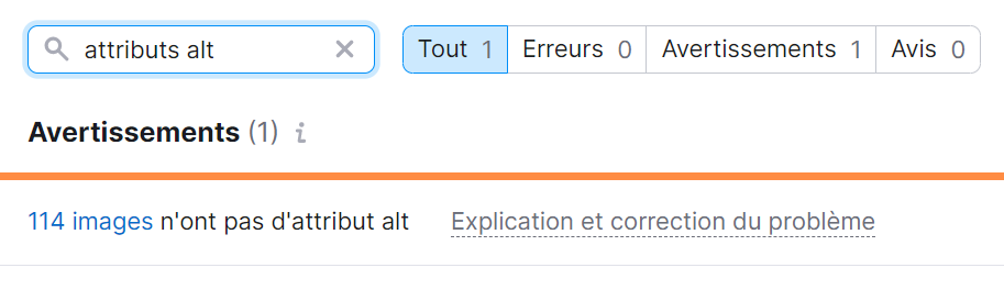 Avertissements concernant le texte alt dans Audit de site