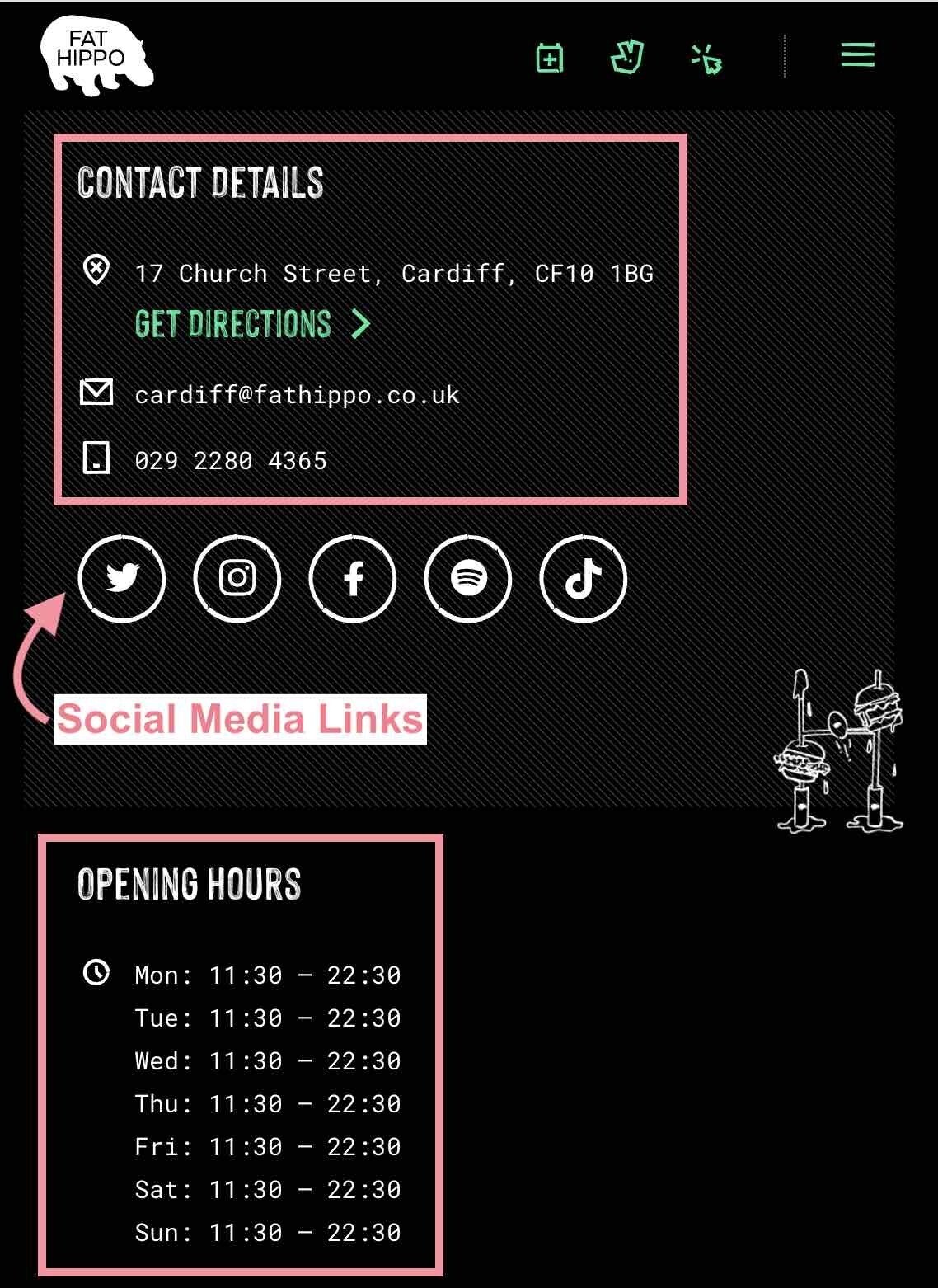 contact details, opening hours and social media links