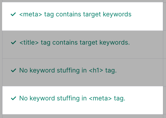 "<meta> tag contains target keywords," and "No keyword stuffing in <meta> tag" results highlighted in On Page SEO Checker tool