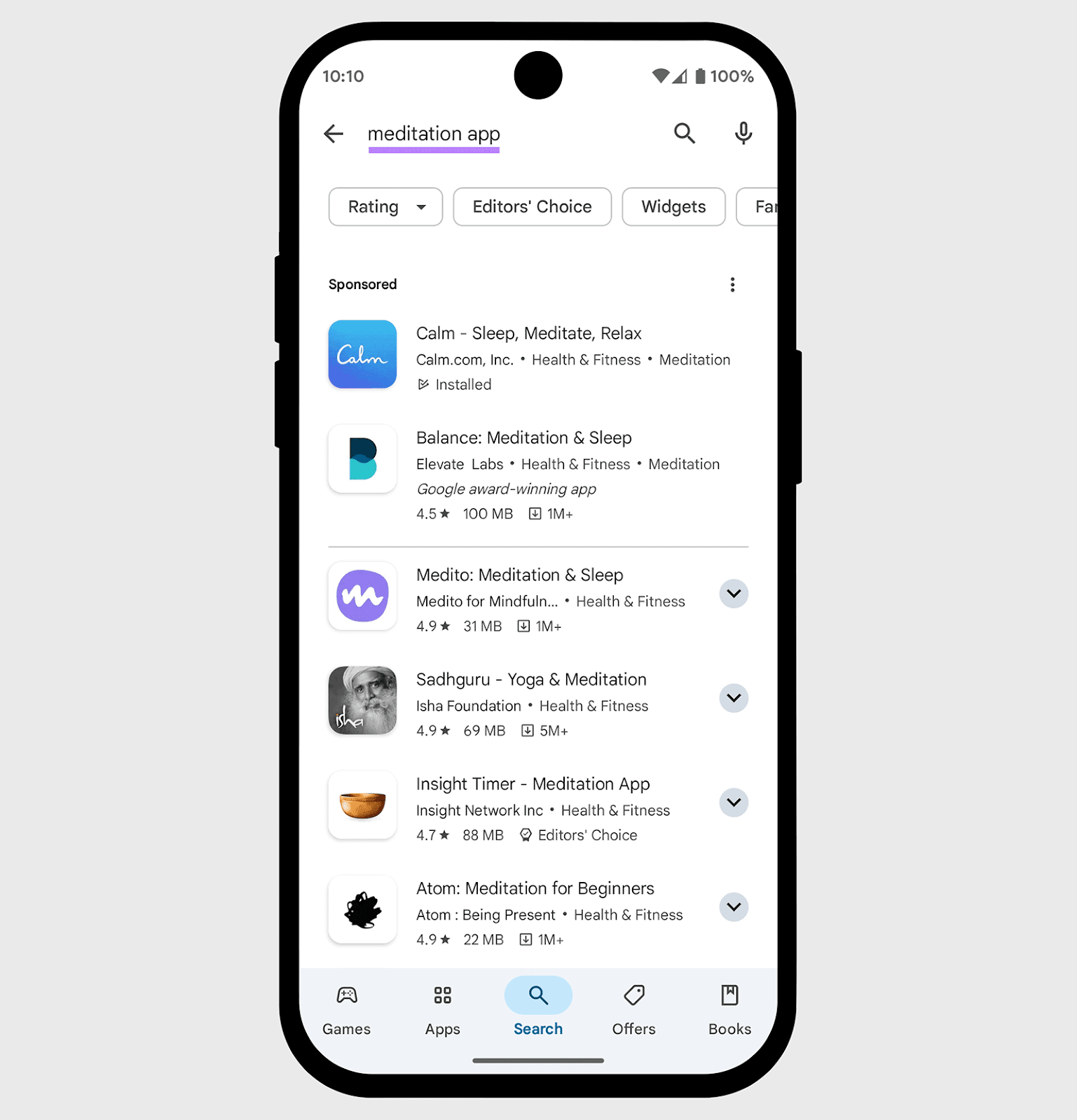 Google Play mobile search result for “meditation app”
