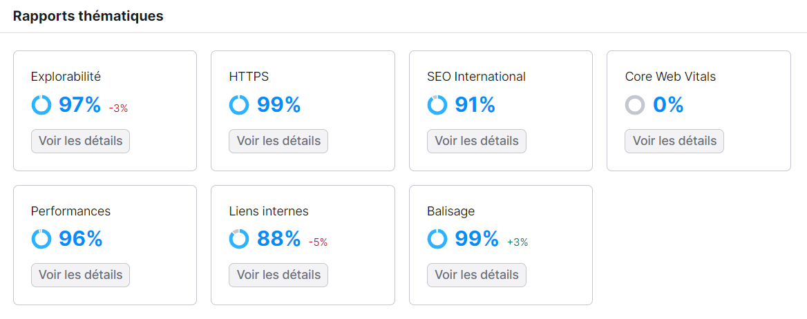 Les différents Rapports thématiques dans Audit de site