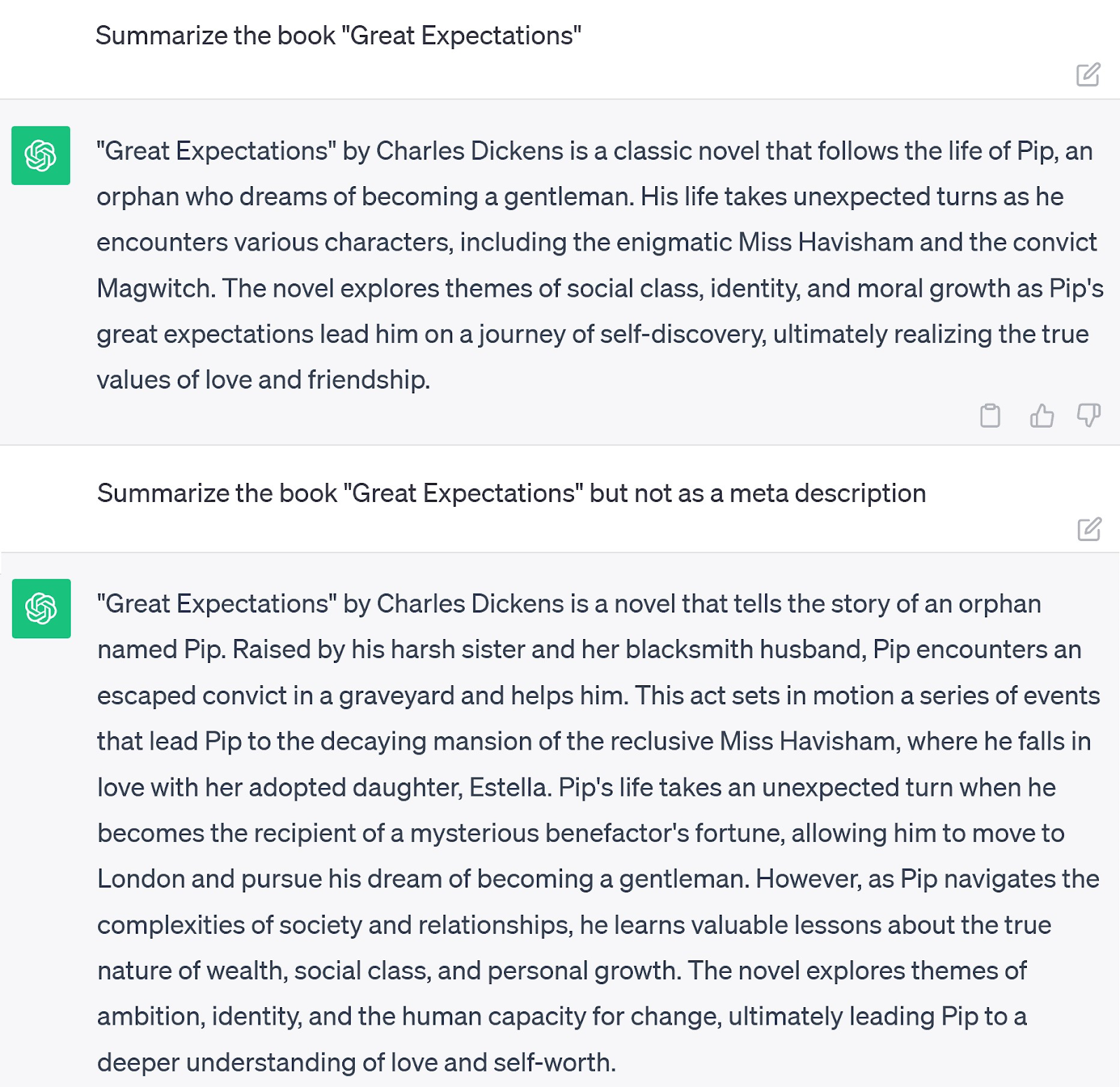 A new prompt instructing ChatGPT to summarize a book “Great Expectations” but not as a meta description