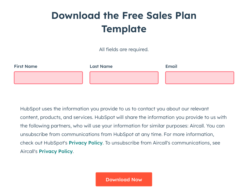 "Download the Free Sales Plan Template" form