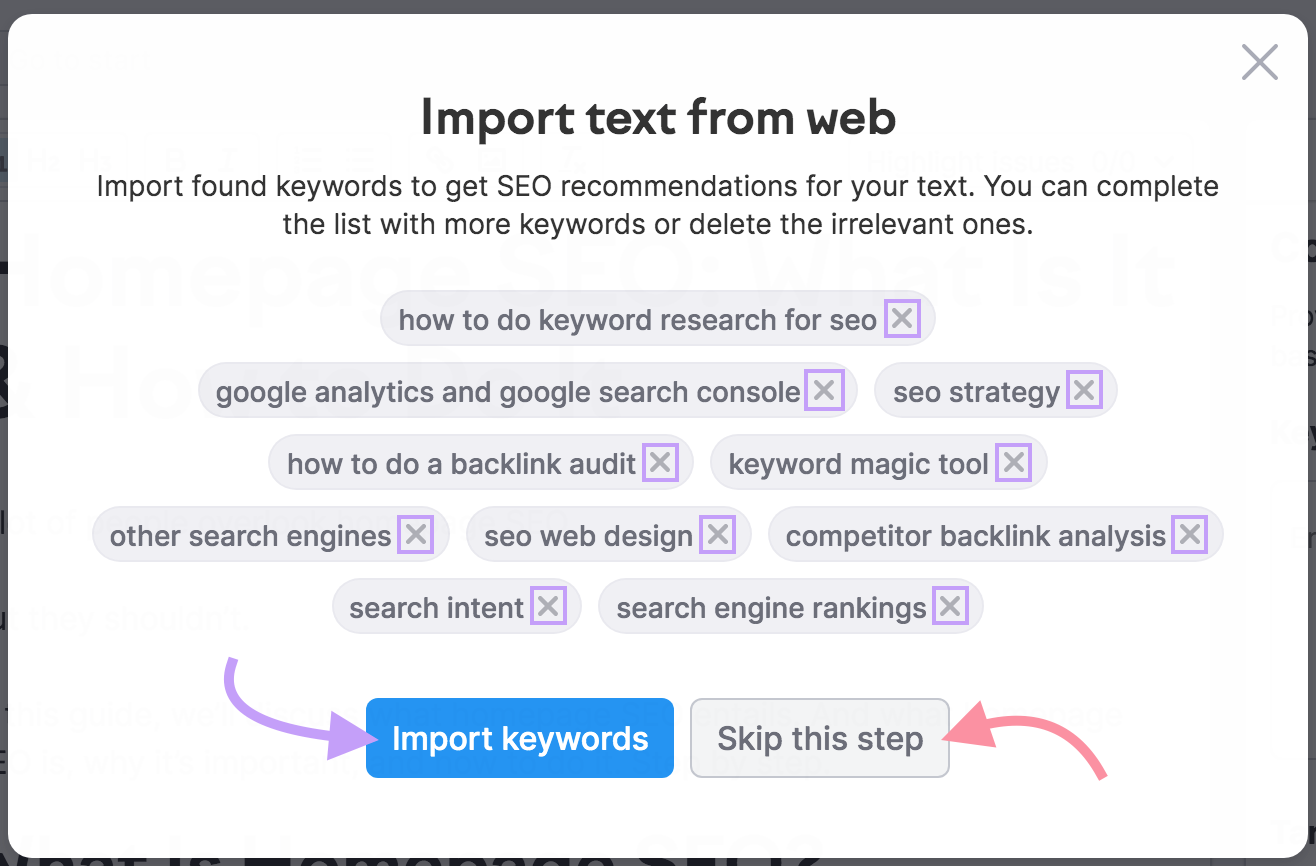 “Import text from web" box with keyword recommendations