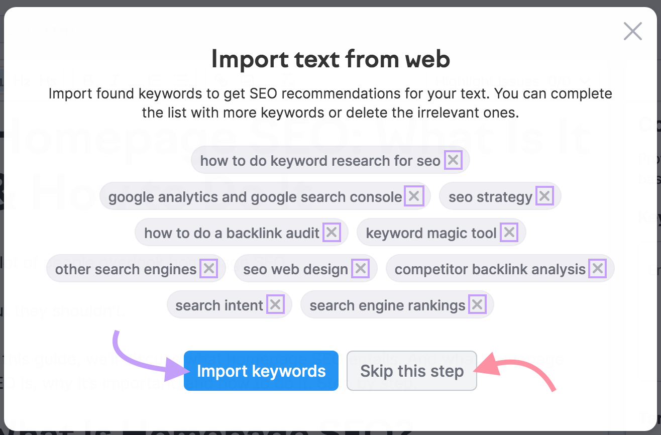 “Import substance   from web" container  with keyword recommendations