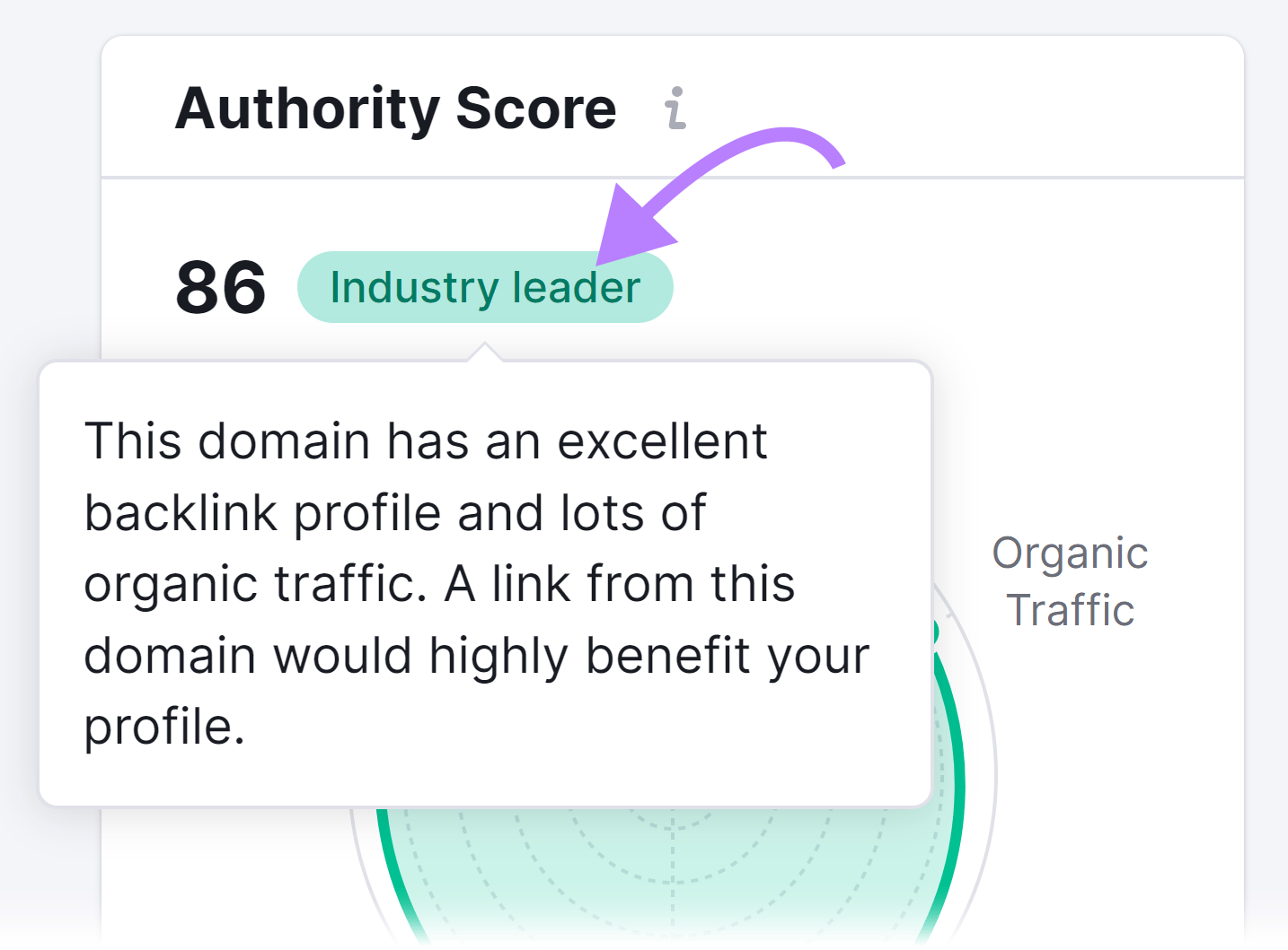 "Authority Score" showing "86 Industry leader" in the Backlink Analytics report, with explanation "This domain has an excellent backlink profile and lots of organic traffic. A link from this domain would highly benefit your profile."