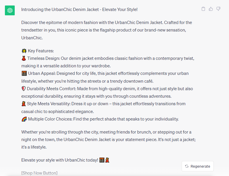 A prompt asking ChatGPT to create a product description for the UrbanChic jacket