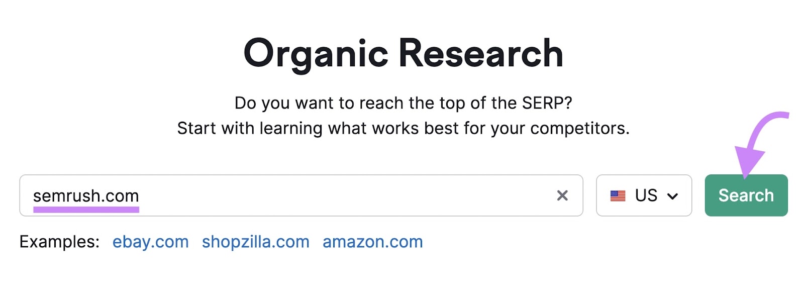 "semrush.com" entered into Organic Research search bar