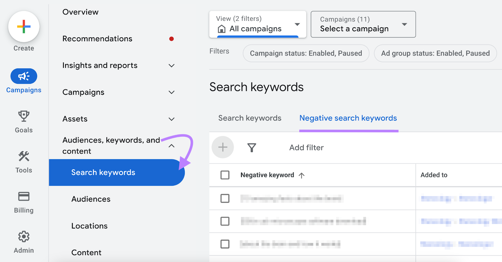 Add negative keywords from Google Ads dashboard