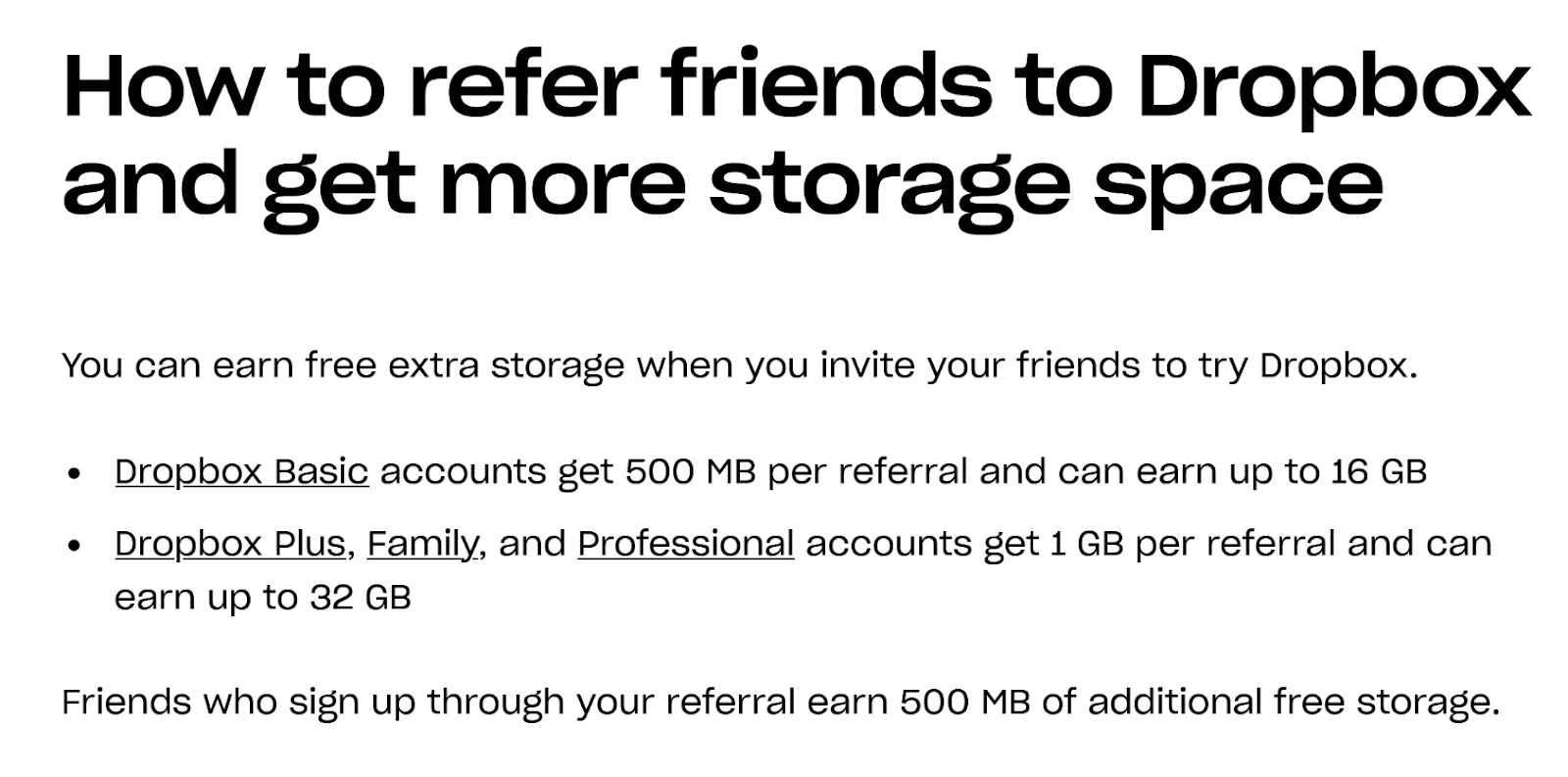 "How to refer friends to Dropbox and get more storage space" message
