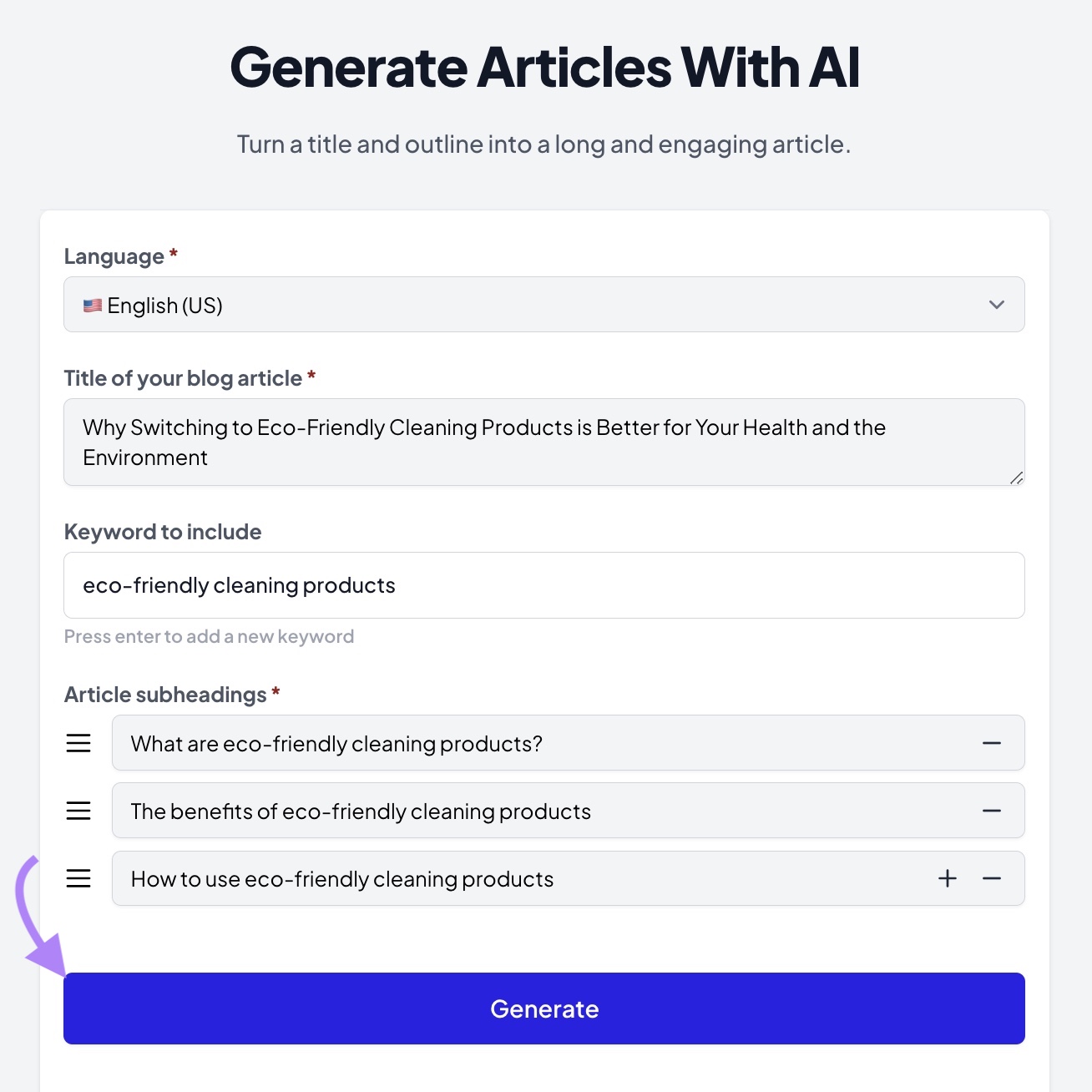 Settings connected  "Article Generator" including language, title, keywords, and nonfiction  subheadings.