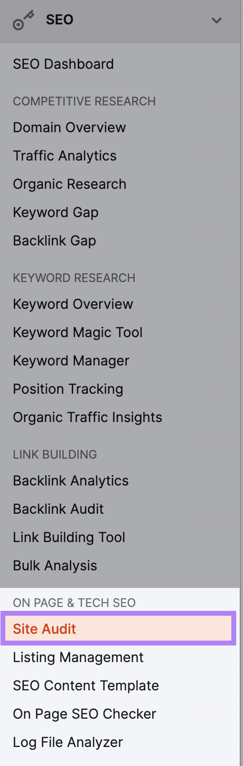 “Site Audit” widget highlighted