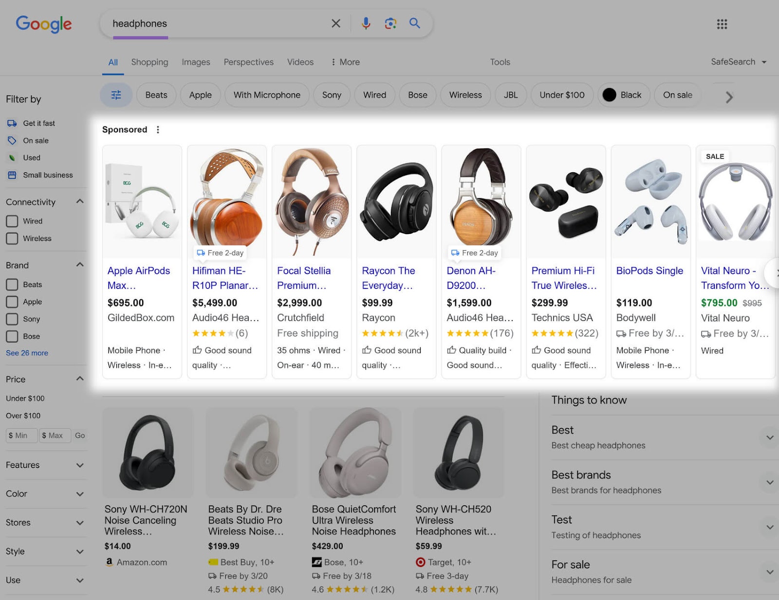 Product Listing Ads (PLAs) connected  Google SERP for "headphones"